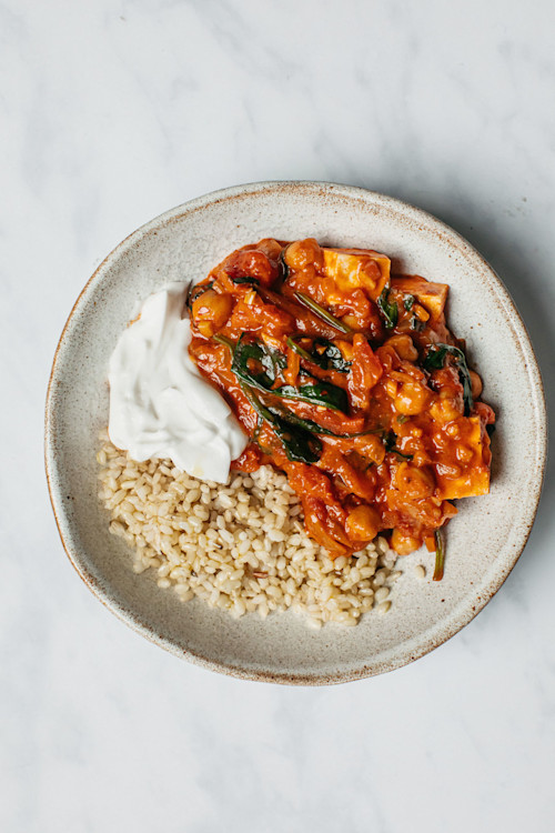 Chickpea, Tofu & Harissa Stew With Brown Rice & Yoghurt