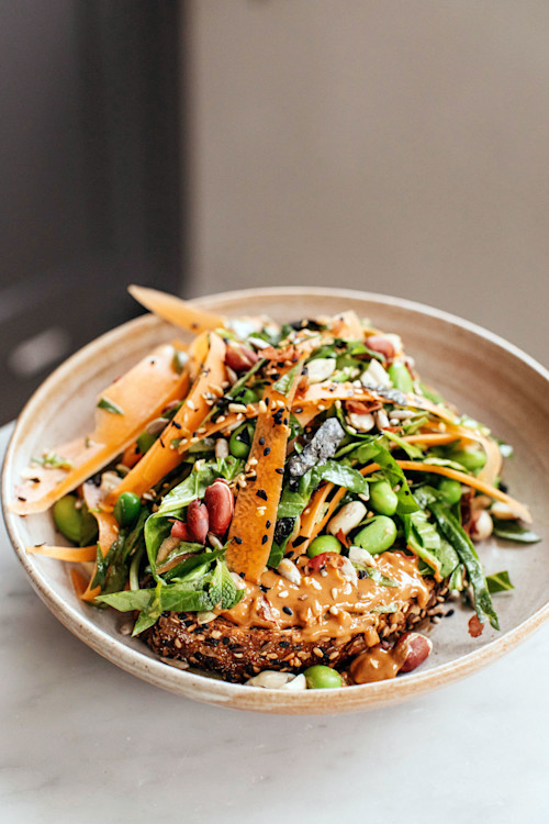 Edamame Slaw Tartine With Spicy Peanut Butter
